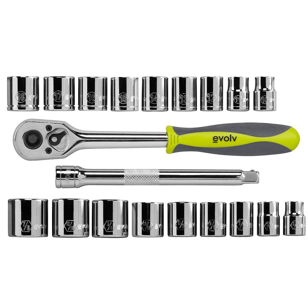 WRENCH SOCKET SET 20 PC 95CM (3/8IN) D SAE AND METRIC EVOLV