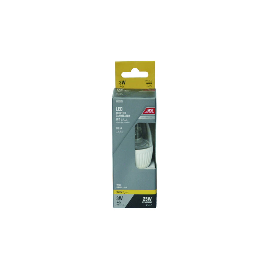 LED BULB 3WATT TORPEDO CANDELABRA, E14 CLEAR 200 LUMENS WARM