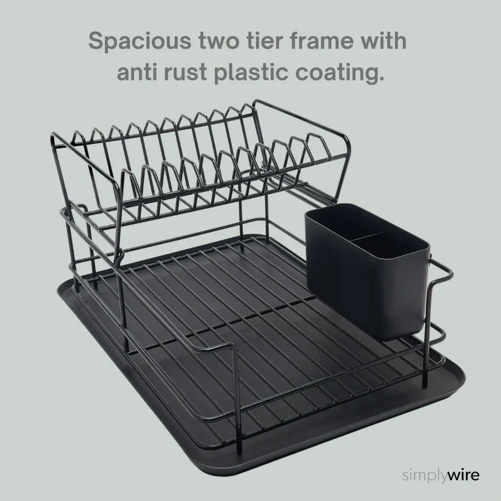 TWO TIER DISH DRAINER WITH CUTLERY HOLDER BLACK