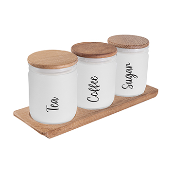 446 cc Wooden Lid Jar Set-Ice Colours-Black Tea-Coffee-Sugar Printed