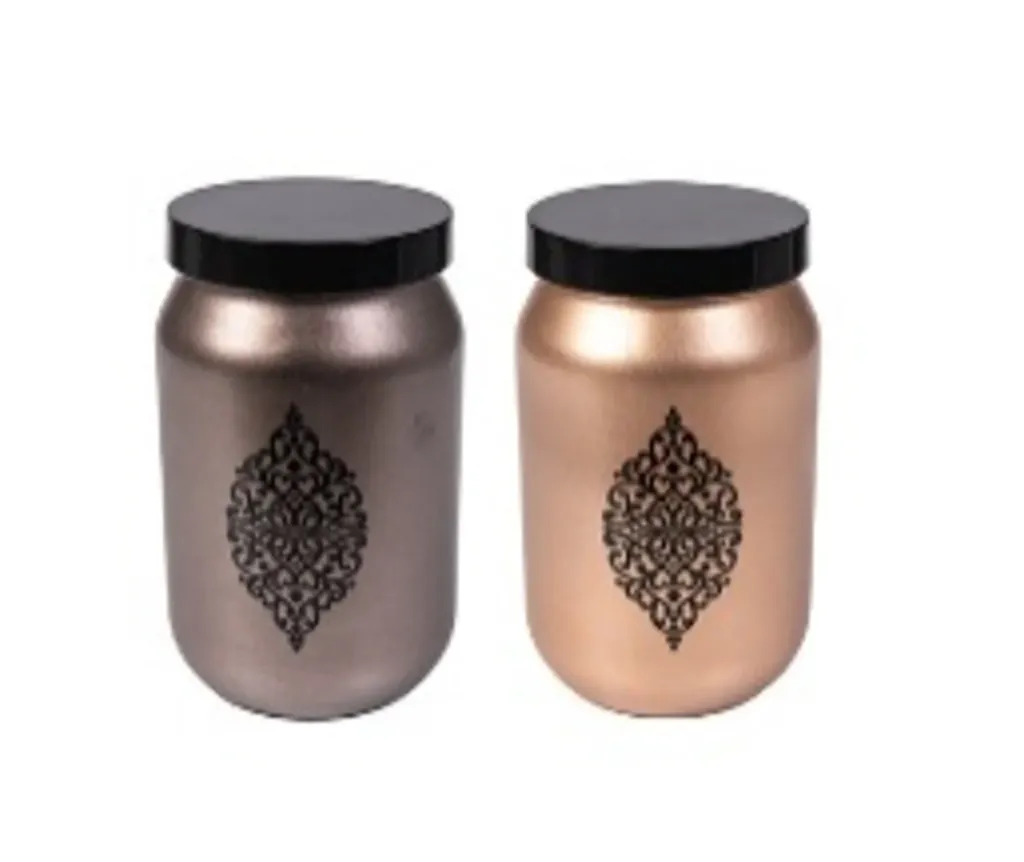 1 lt Decorated Canister-Metallic Silver Coloured-Black Motif Printed