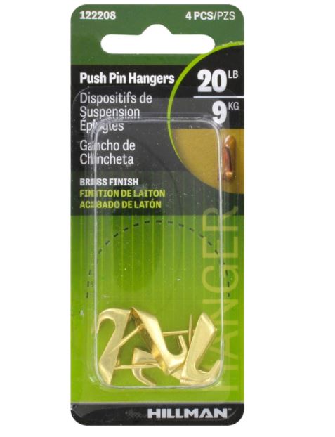 Hillman AnchorWire Gilt Gold Push Pin Picture Hanger 20 lb. 4 pk
