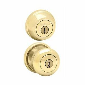 Kwikset Juno Polished Brass Entry Knob and Single Cylinder Deadbolt ANSI/BHMA Grade 2 KW1 1-3/.