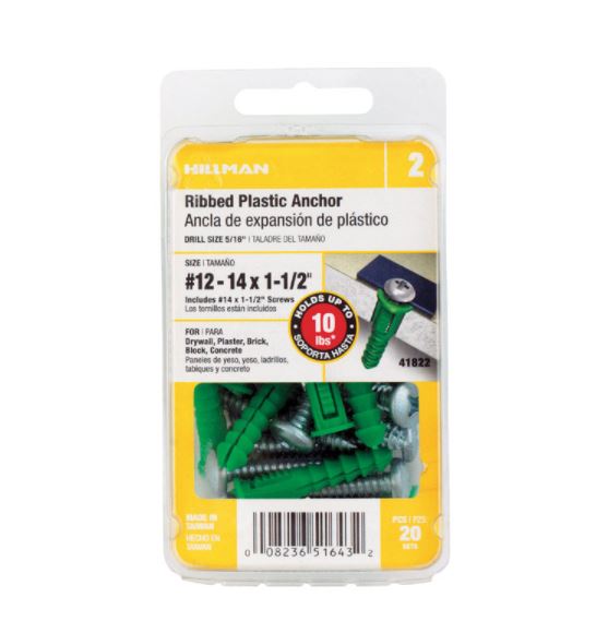 Hillman 1/4 in. Dia. x 1-1/2 in. L Plastic Ribbed Head Ribbed Anchor 20 pk