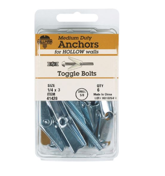 Hillman 1/4 in. Dia. x 3 in. L Round Steel Toggle Bolt 6 pk