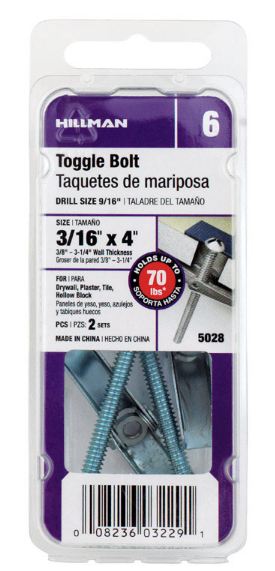 Hillman 3/16 in. Dia. x 4 in. L Round Steel Toggle Bolt 2 pk