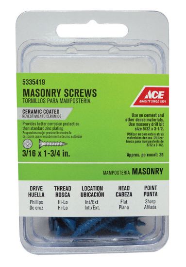 Ace 3/16 in. x 1-3/4 in. L Phillips Flat Head Masonry Screws, 25 pk
