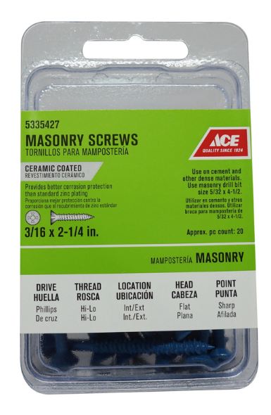Ace 3/16 in. x 2-1/4 in. L Phillips Flat Head Masonry Screws 20 pk
