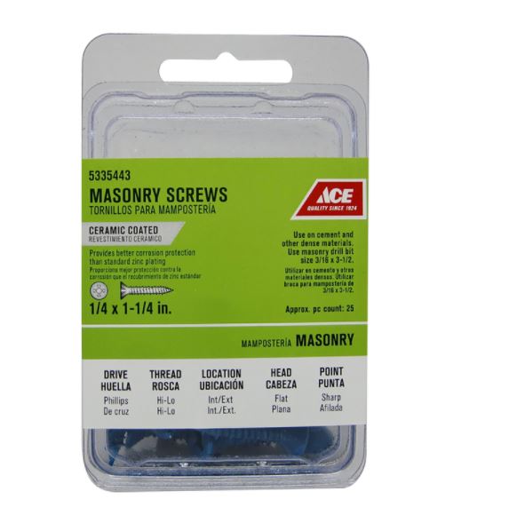 Ace 1/4 in. x 1-1/4 in. L Phillips Flat Head Masonry Screws 25 pk