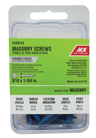 Ace 3/16 in. x 1-3/4 in. L Phillips Flat Head Masonry Screws, 25 pk