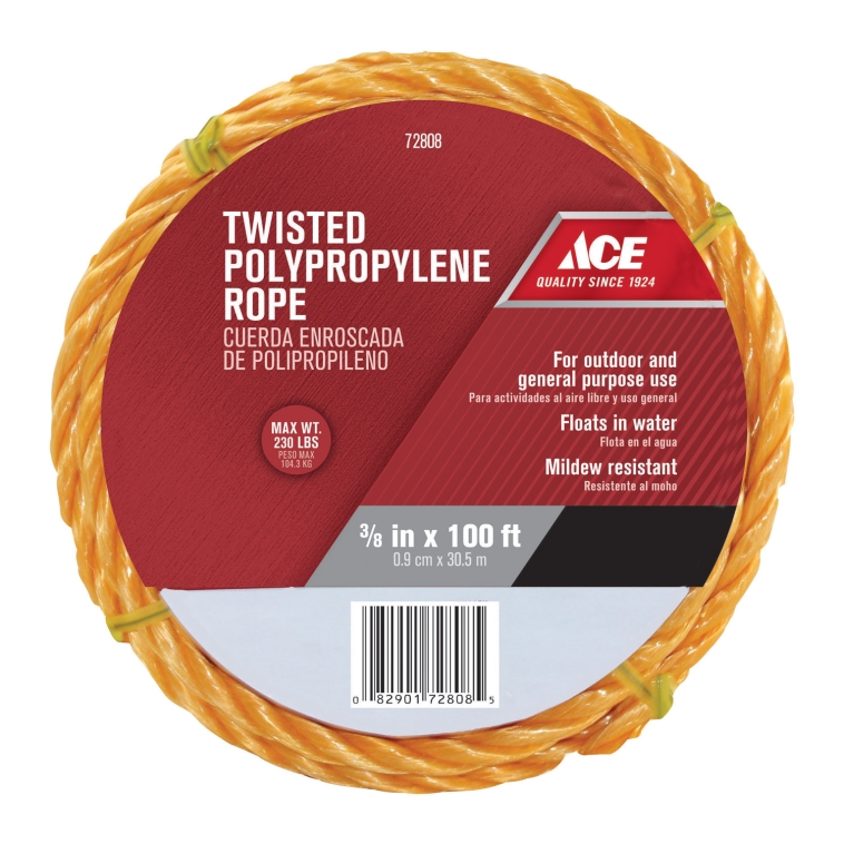 Rope Twisted Poly 10M X 30M (3-8In X 100Ft), Medium Load Yellow Ace