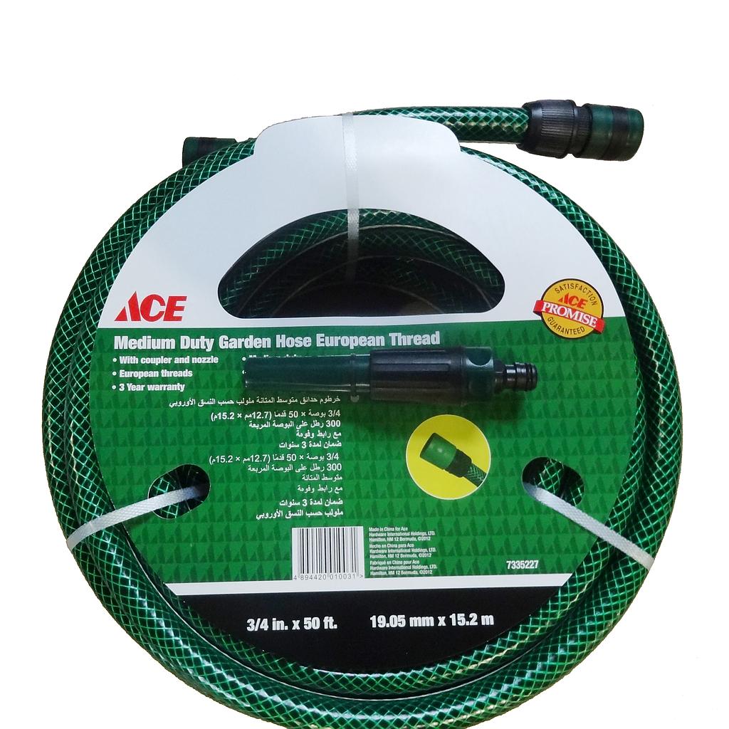 Ace Garden Hose Medium Duty European Thread 3-4In X 50Ft, (19.05Mm X 15.2M)