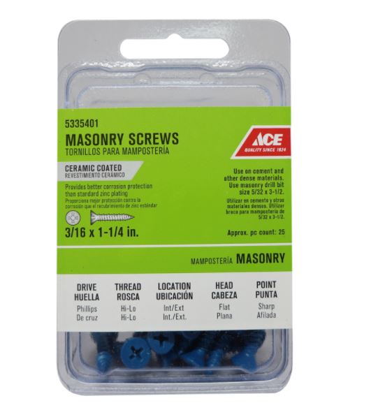 Ace 3/16 in. x 1-1/4 in. L Phillips Flat Head Masonry Screws 25 pk