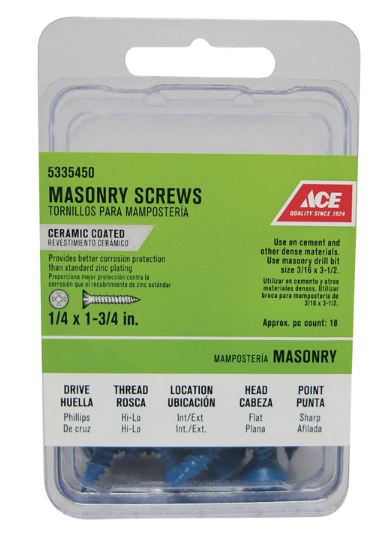 Ace 1/4 in. x 1-3/4 in. L Phillips Flat Head Masonry Screws 18 pk