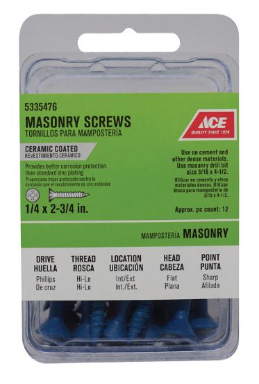 Ace 1/4 in. x 2-3/4 in. L Phillips Flat Head Masonry Screws, 12 pk