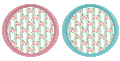 Decorated Round Tray-Blue&Pink Mix