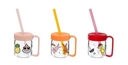 200cc Decorated Mug-Fruits-Rabbit-Tortoise-Double Colour Straw