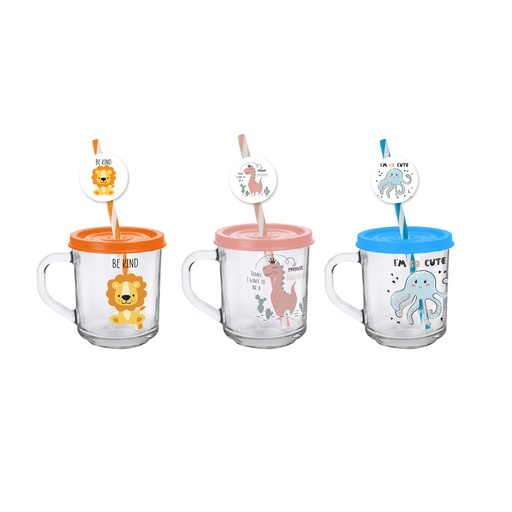 246 cc Decorated Glass Cup With Fancy Straw-Lion-Pink Dinosaur-Octopus
