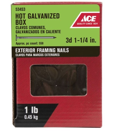 Ace 3D 1-1/4 in. Box Hot-Dipped Galvanized Steel Nail Flat, 1 lb.