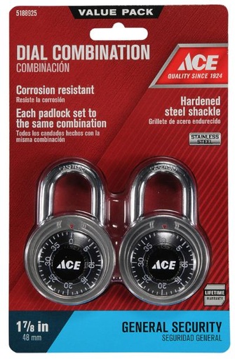 Combination Padlock 2 Pack 50Mm (2In), Black Dial Stainless Steel Ace