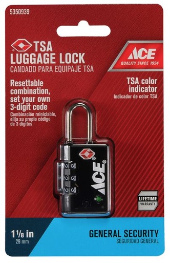 Luggage 3 Dial Combination Padlock Black 30Mm, (1 1-8In) Plastic Ace