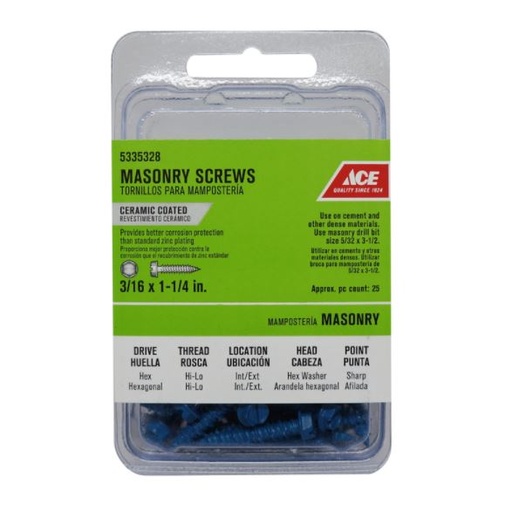 Ace 3/16 in. x 1-1/4 in. L Slotted Hex Washer Head Masonry Screws 25 pk