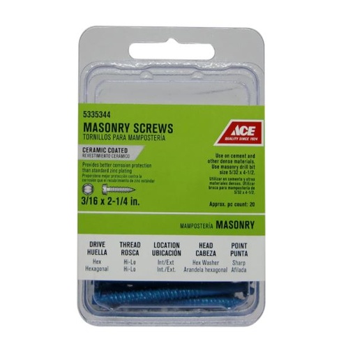 Ace 3/16 in. x 2-1/4 in. L Slotted Hex Washer Head Masonry Screws 20 pk