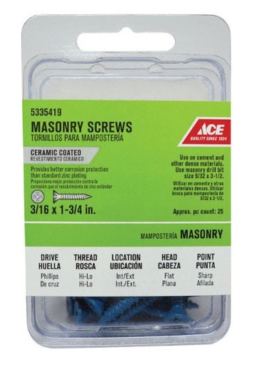 Ace 3/16 in. x 1-3/4 in. L Phillips Flat Head Masonry Screws, 25 pk