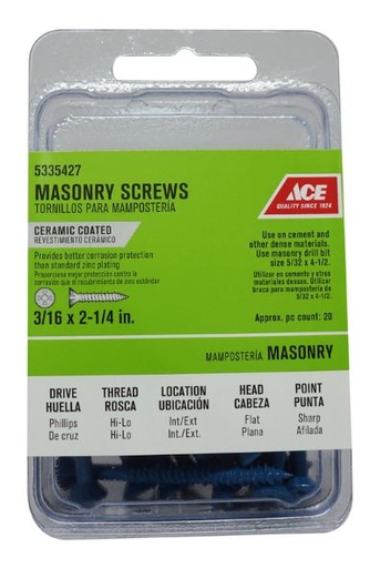 Ace 3/16 in. x 2-1/4 in. L Phillips Flat Head Masonry Screws 20 pk