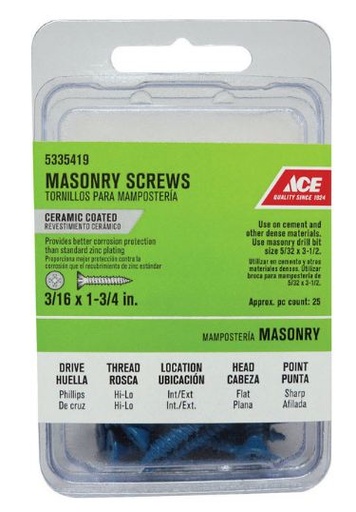 Ace 3/16 in. x 1-3/4 in. L Phillips Flat Head Masonry Screws, 25 pk