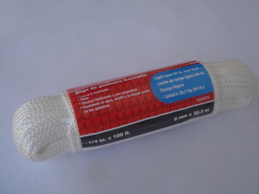 Rope Braided Poly Pro 6Mm X 30M (1-4 In X 100Ft), Light Load White Ace, Cancel