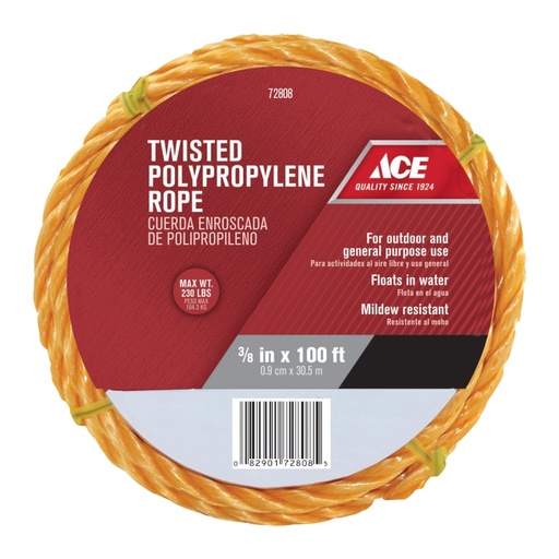 Rope Twisted Poly 10M X 30M (3-8In X 100Ft), Medium Load Yellow Ace
