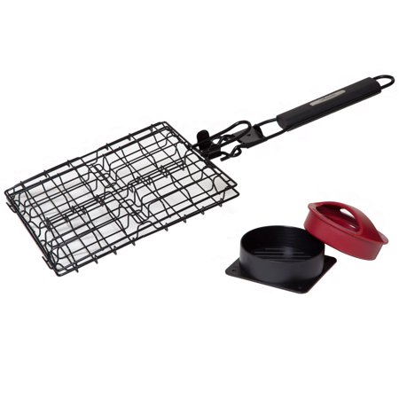 GRILLMARK Hamburger Basket And Press Stainless Steel Plastic Black and Red