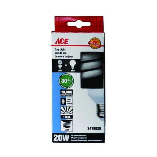 Half-Spiral Cfl Bulb 20 Watt Day Light E27 220-240V 50-60Hz Ce Ace