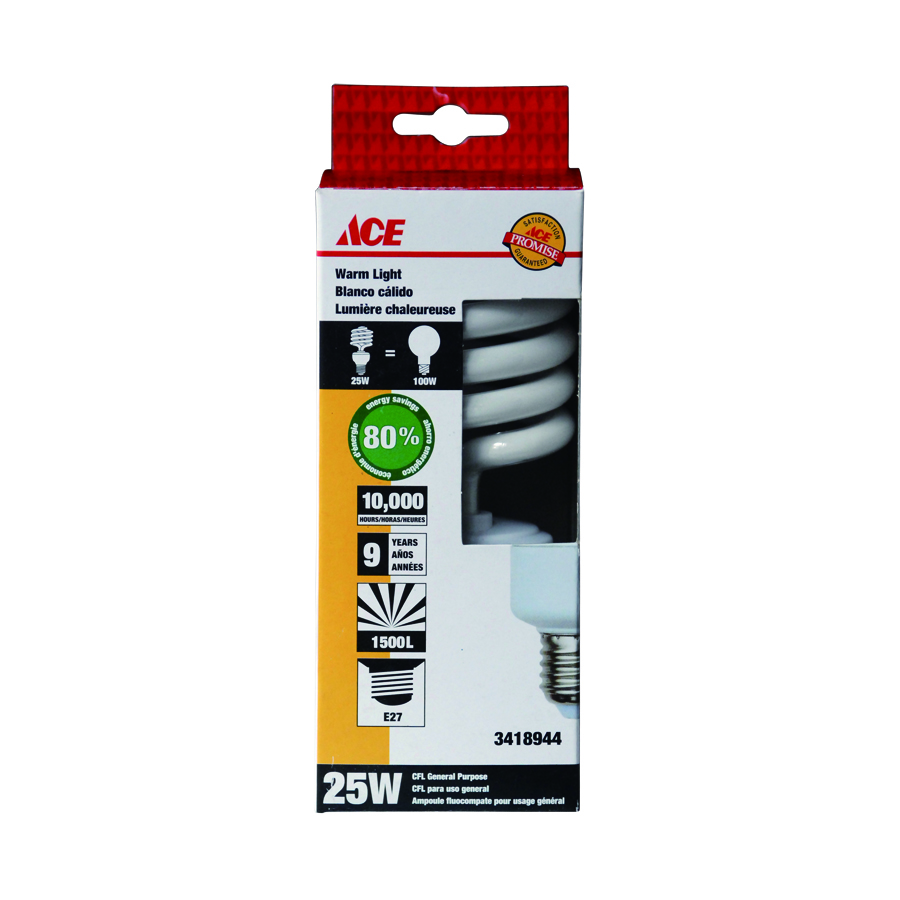 HALF-SPIRAL CFL BULB 25 WATT WARM LIGHT E27 220-240V 50-60HZ CE ACE