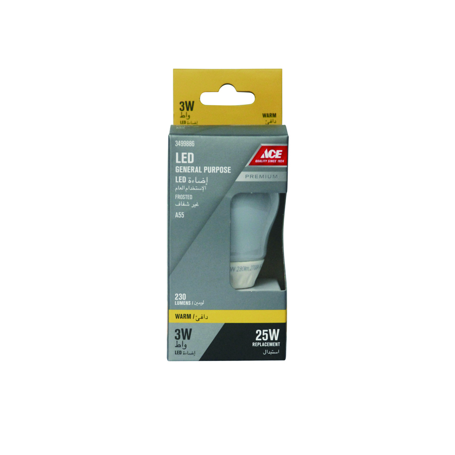 LED BULB 3WATT A55 E27 230 LUMENS WARM WHITE, 220-240V 50/60H Cancel