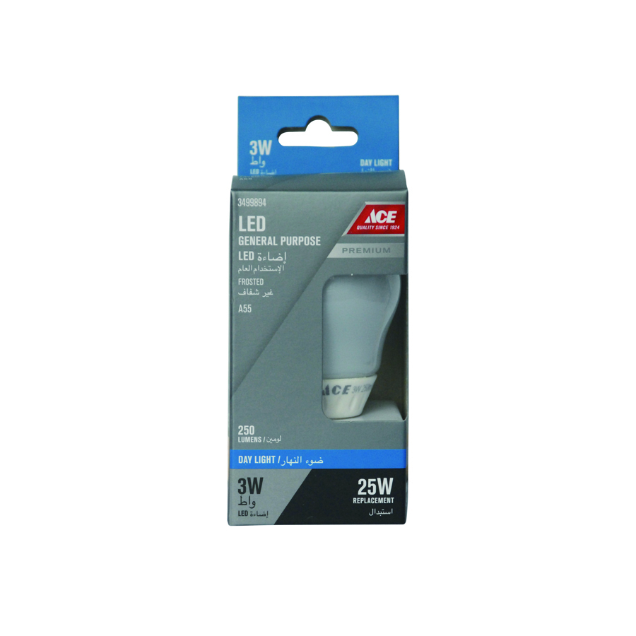 LED BULB 3WATT A55 E27 250 LUMENS DAYLIGHT, 220-240V 50/60HZ Cancel