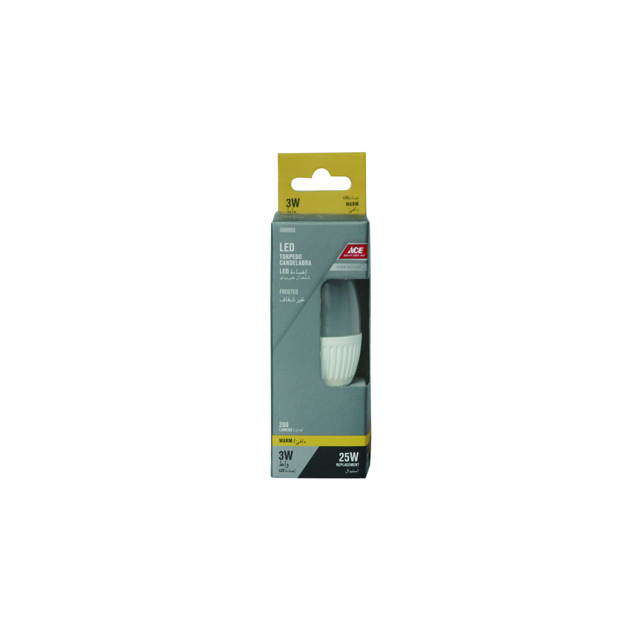 LED BULB 3WATT TORPEDO CANDELABRA, E14 FROSTED 200 LUMENS WAR
