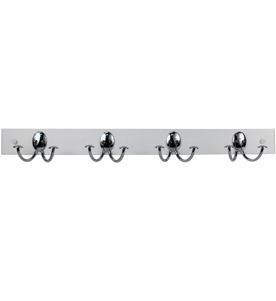 STRATFORD WALL MOUNT WOOD RACK WHITE, AND CHROME 4 DOUBLE HOO