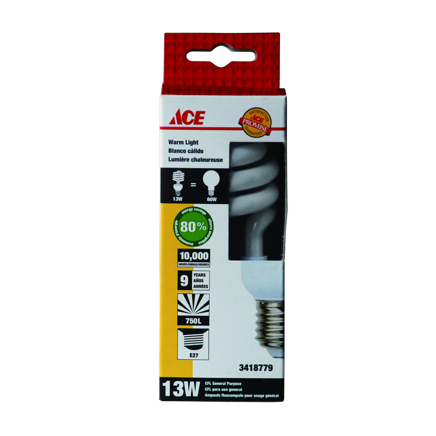 HALF-SPIRAL CFL BULB 13 WATT WARM LIGHT E27 220-240V 50-60HZ CE ACE