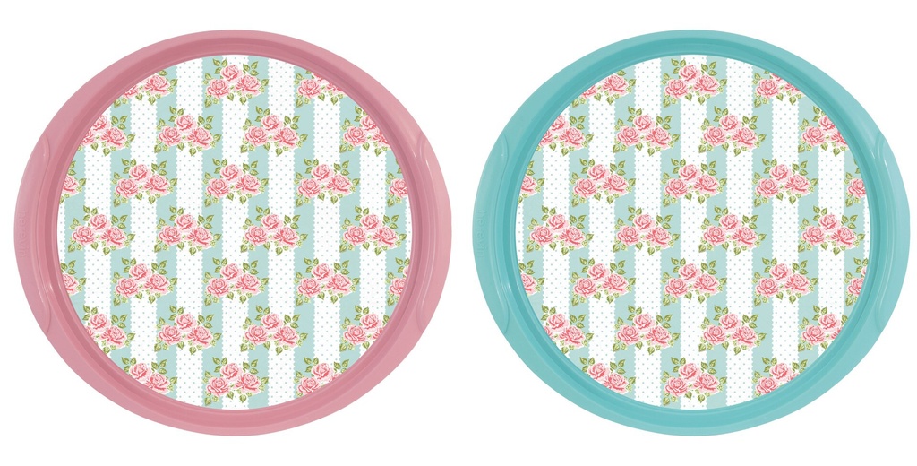 Decorated Round Tray-Blue&Pink Mix