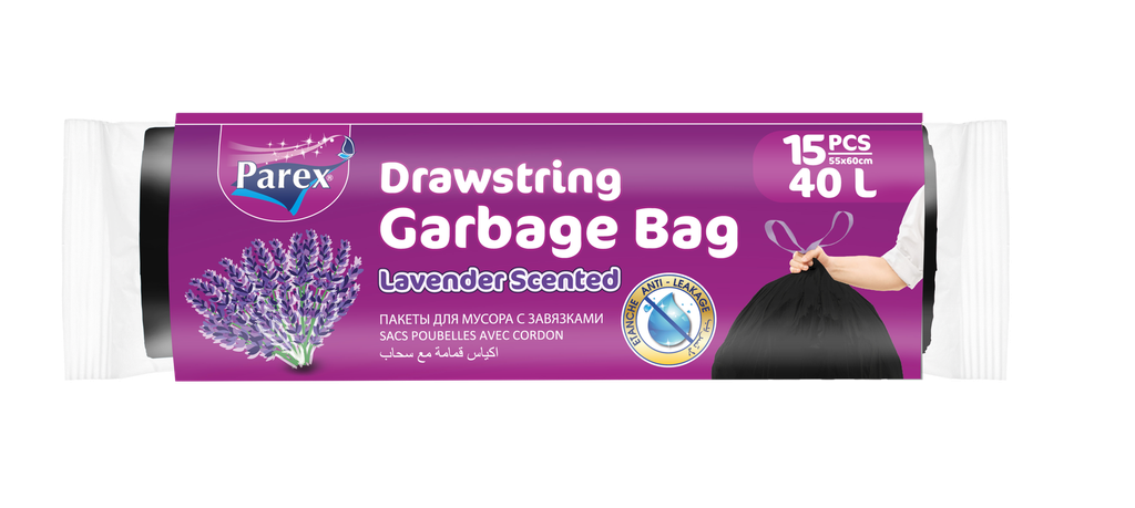PAREX ECONOMIC DRAWSTRING GARBAGE BAG- LEVANDER SCENTED (55*60 cm- 15 pcs) 40L