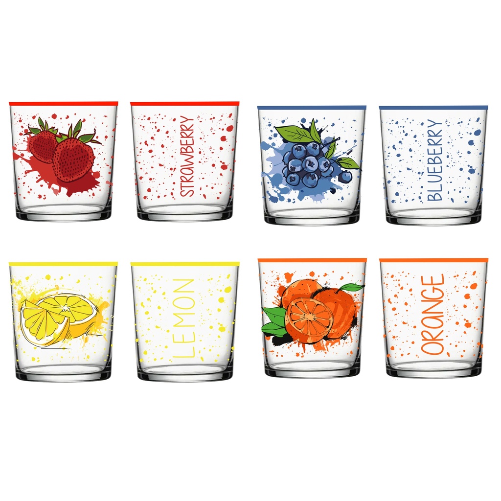 345 cc Decorated Glass Cup-Strawberry-Blueberries-Lemon-Orange