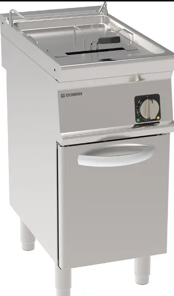 Freestanding single tank 17l electric fryer with in-tank rotating heating elements on closed cabinet – baskets, lids and oil draining tank included