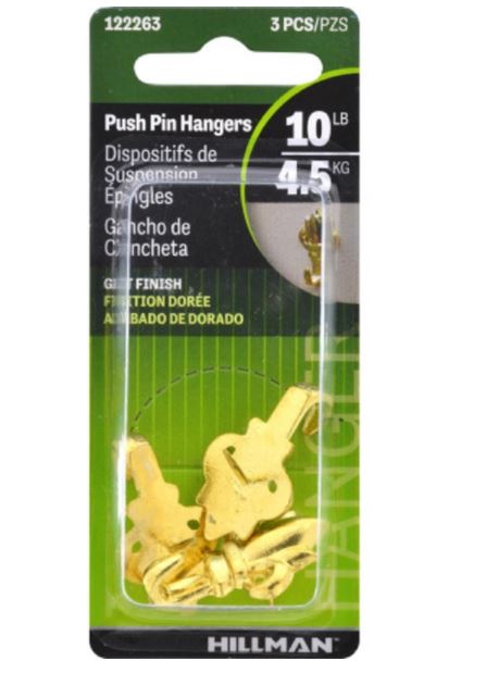 Hillman AnchorWire Gilt Gold Push Pin Picture Hook 10 lb. 3 pk