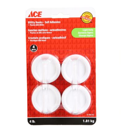 Utility Hooks Self Adhesive White Plastic Card Of 4 Ace