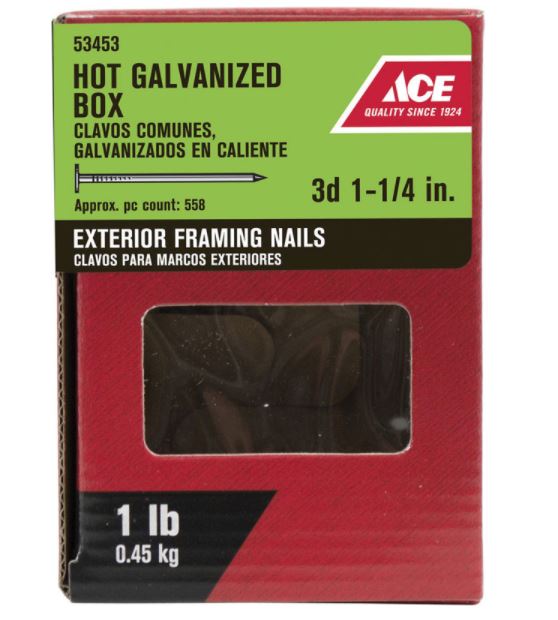 Ace 3D 1-1/4 in. Box Hot-Dipped Galvanized Steel Nail Flat, 1 lb.