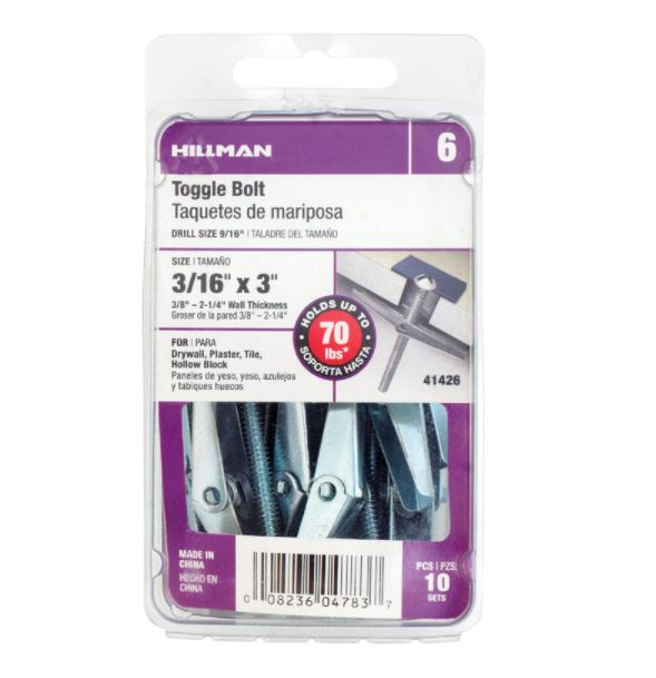 Hillman 3/16 in. Dia. x 3 in. L Round Steel Toggle Bolt 10 pk