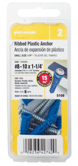 Hillman 0.164 in. Dia. x 1-1/4 in. L Plastic Pan Head Ribbed Anchor 6 pk