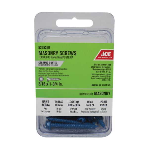 Ace 3/16 in. x 1-3/4 in. L Slotted Hex Washer Head Masonry Screws 25 pk